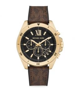 Michael Kors Brecken Goldtone Stainless Steel & PVC Logo-Print Strap Chronograph Watch For Men
