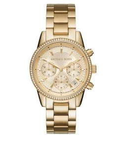 Michael Kors Ritz Studded Yellow Goldtone Stainless Steel Chronograph Bracelet Watch MK6356