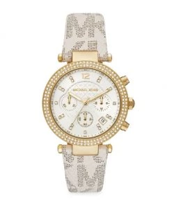 Michael Kors Parker Goldtone, Pavé & PVC Logo-Print Strap Chronograph Watch