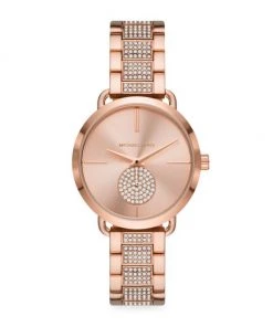 Michael Kors Portia Three-Hand Rose Goldtone Stainless Steel Pavé Watch