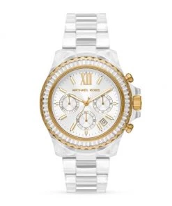 Michael Kors Sales Shop 20 Michael Kors Everest Goldtone, Crystal Baguette & Clear Castor Oil Chronograph Watch