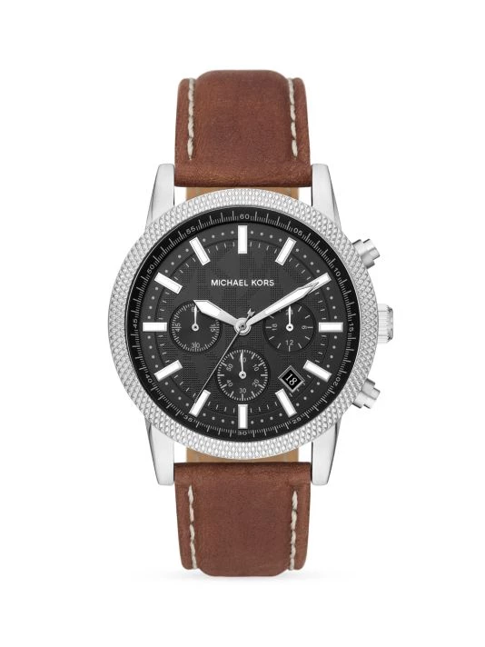 Michael Kors Hutton Stainless Steel & Luggage Leather Chronograph Watch For Men 1 Michael Kors Hutton Stainless Steel & Luggage Leather Chronograph Watch For Men