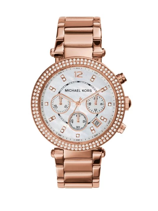 Michael Kors Parker Pavé Mother-Of-Pearl & Rose Goldtone Stainless Steel Chronograph Bracelet Watch 1 Michael Kors Parker Pavé Mother-Of-Pearl & Rose Goldtone Stainless Steel Chronograph Bracelet Watch